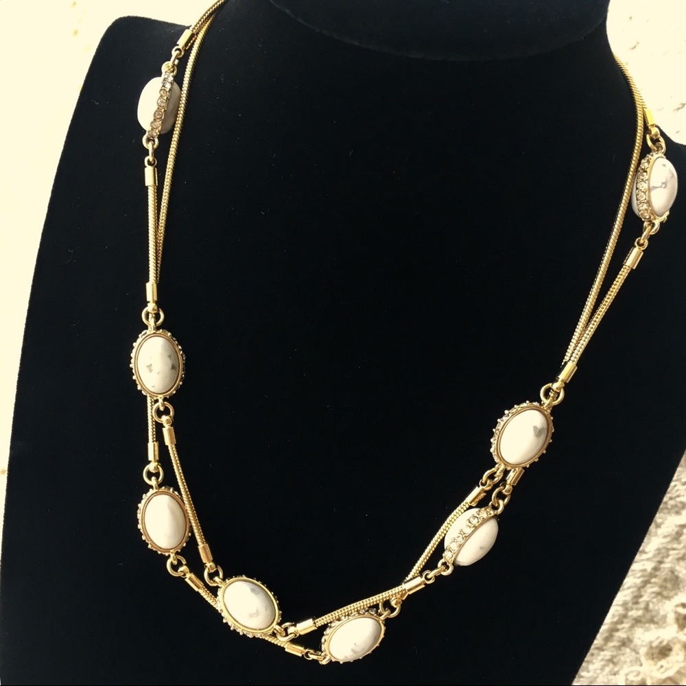 Gold Tone and Marbled Ivory Bead Station Necklace